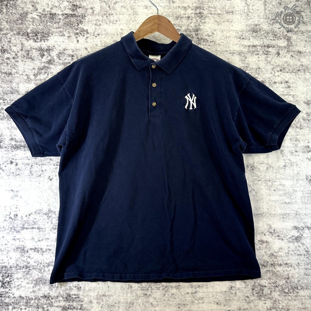 True Fan‎ New York Yankees Mens XL Navy Blue Polo Shirt Short Sleeve Cotton